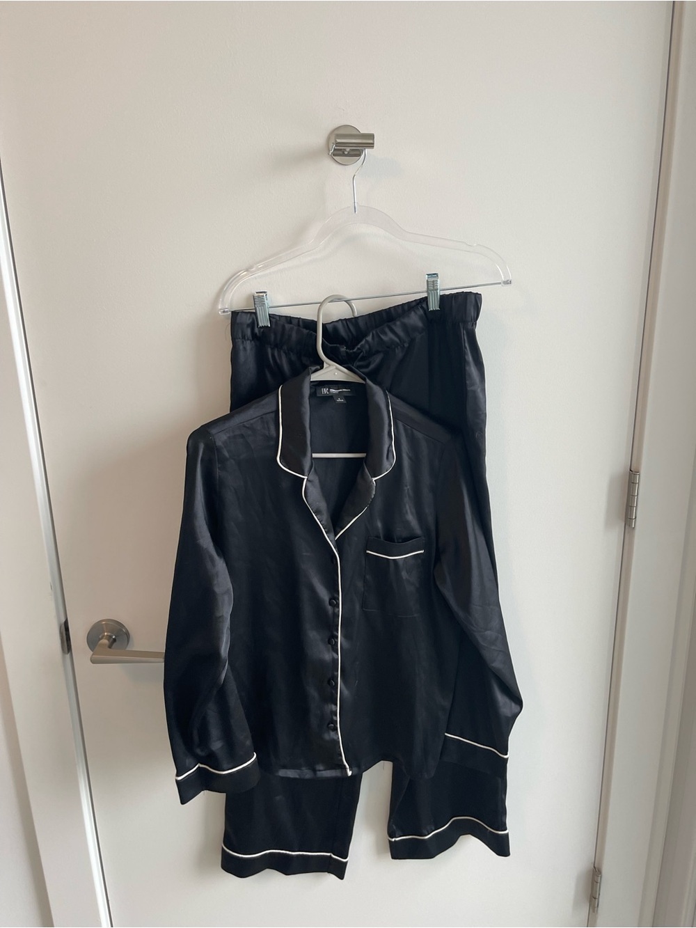 INC Black Satin Pajama Set with White Piping